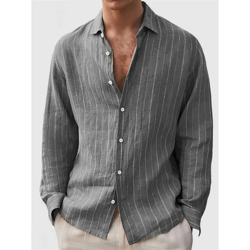 Man wearing loose fit striped polyester shirt with short sleeves in cardigan style
