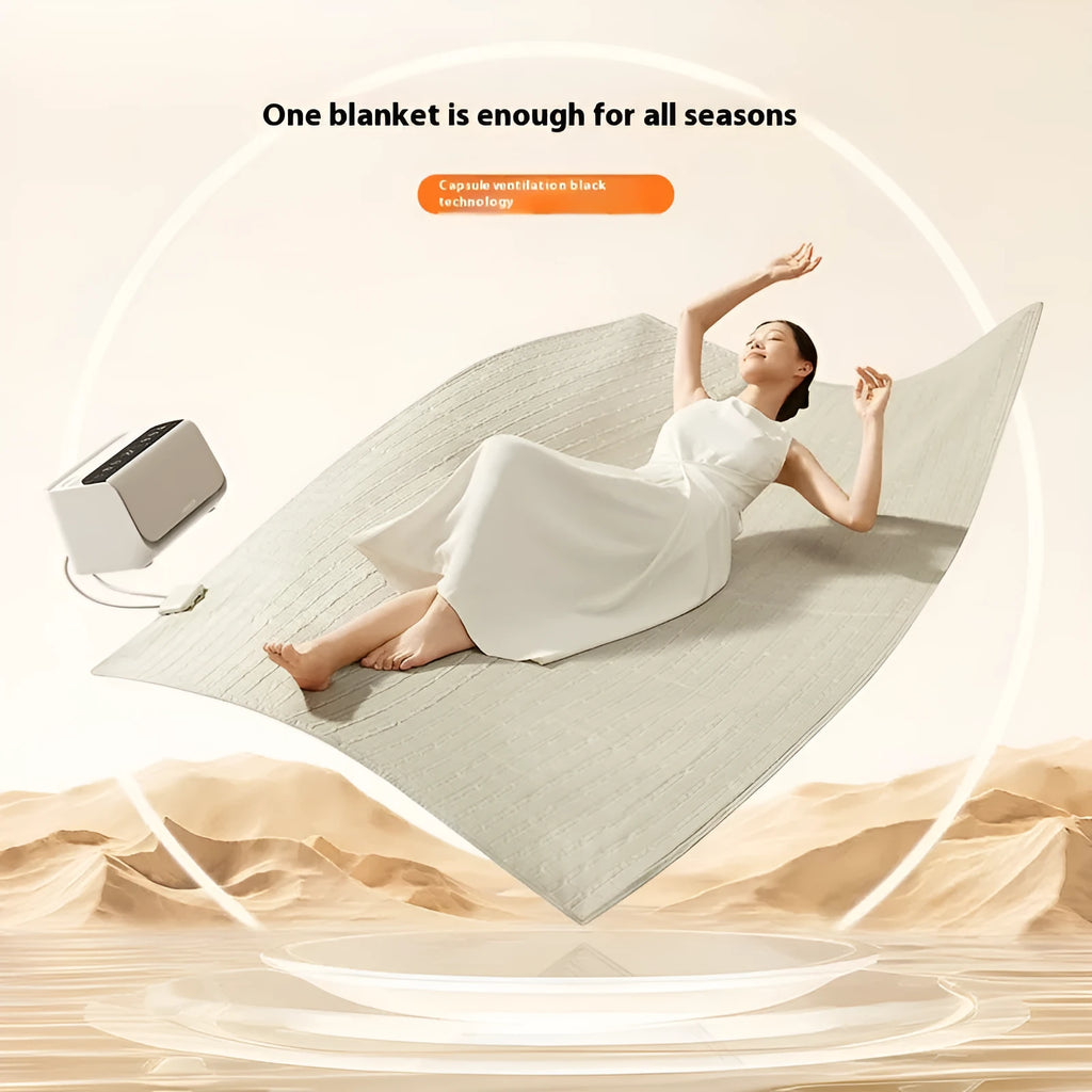 Aideng plumbing electric water blanket with smart host controller in plush cover, showing 1.4x2m and 1.8x2m size options