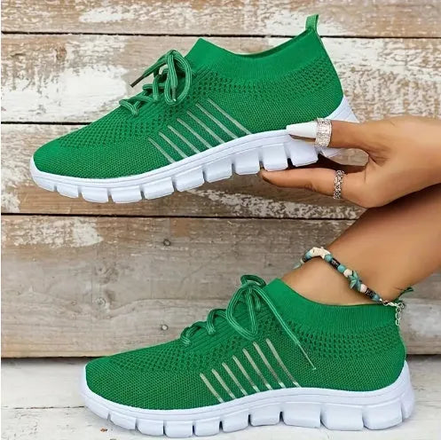 Women's breathable lace-up casual sneakers with flat heel and rubber sole in multiple colour options