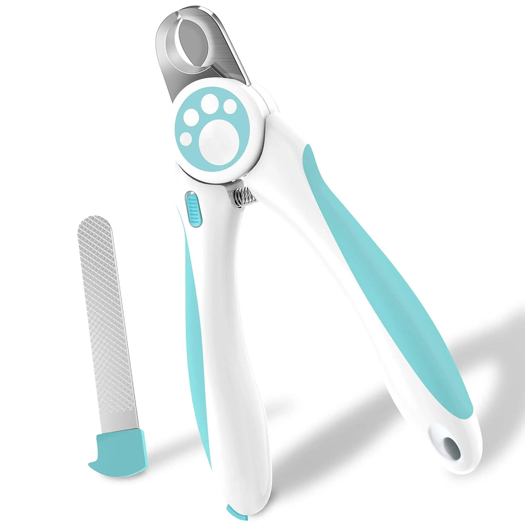 Blue and white pet nail clippers with ergonomic handle and safety stop mechanism
