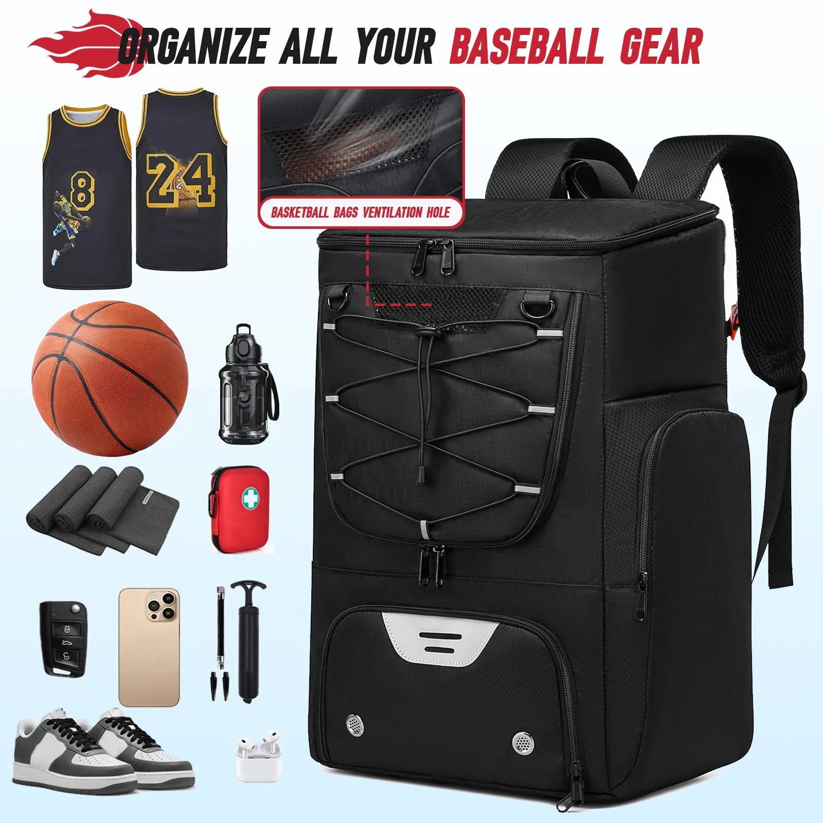 Black basketball training backpack with large 51cm capacity for sports equipment