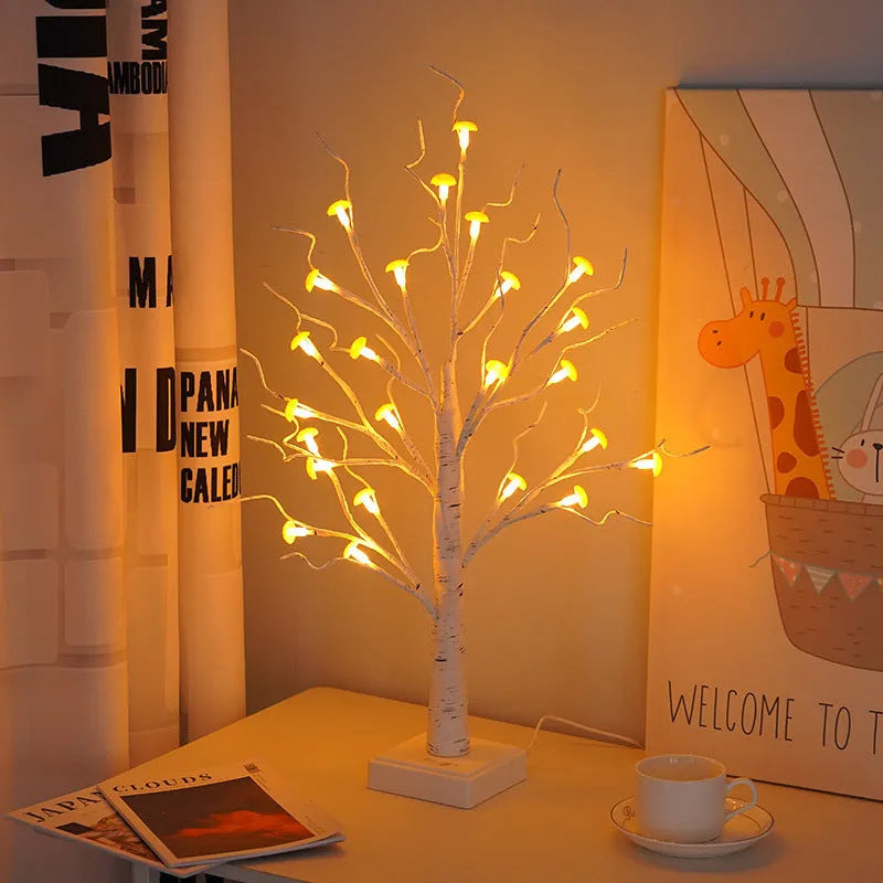 60cm tall white mushroom tree LED lamp with detachable flowers on a birch-style base.