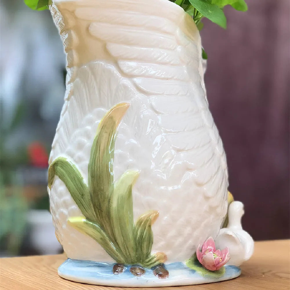 Ceramic swan vase with all-over embossed pattern, 24cm long, 15cm wide, 20cm tall, pastoral style home decoration