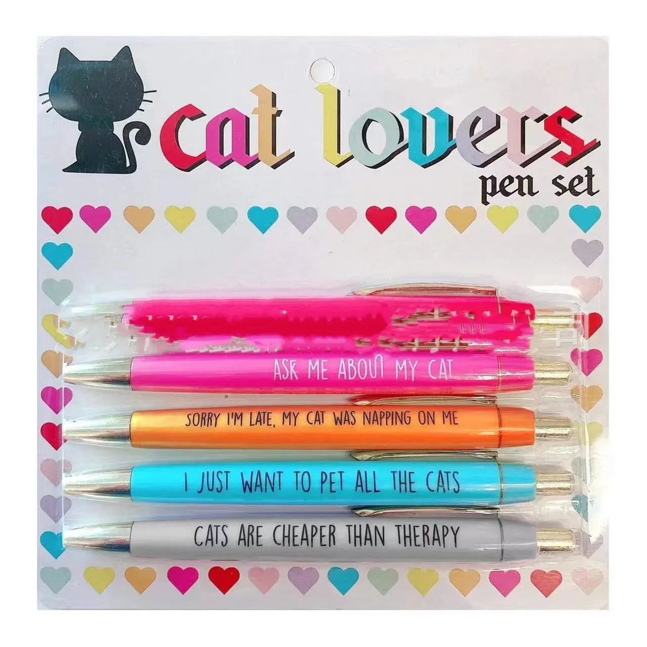 Set of five push-action automatic pens with cat and dog design refills in beaded storage bag