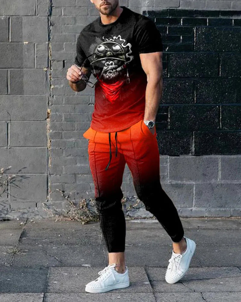 Men's short-sleeved printed pullover and matching trousers set on a hanger