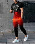 Men's short-sleeved printed pullover and matching trousers set on a hanger