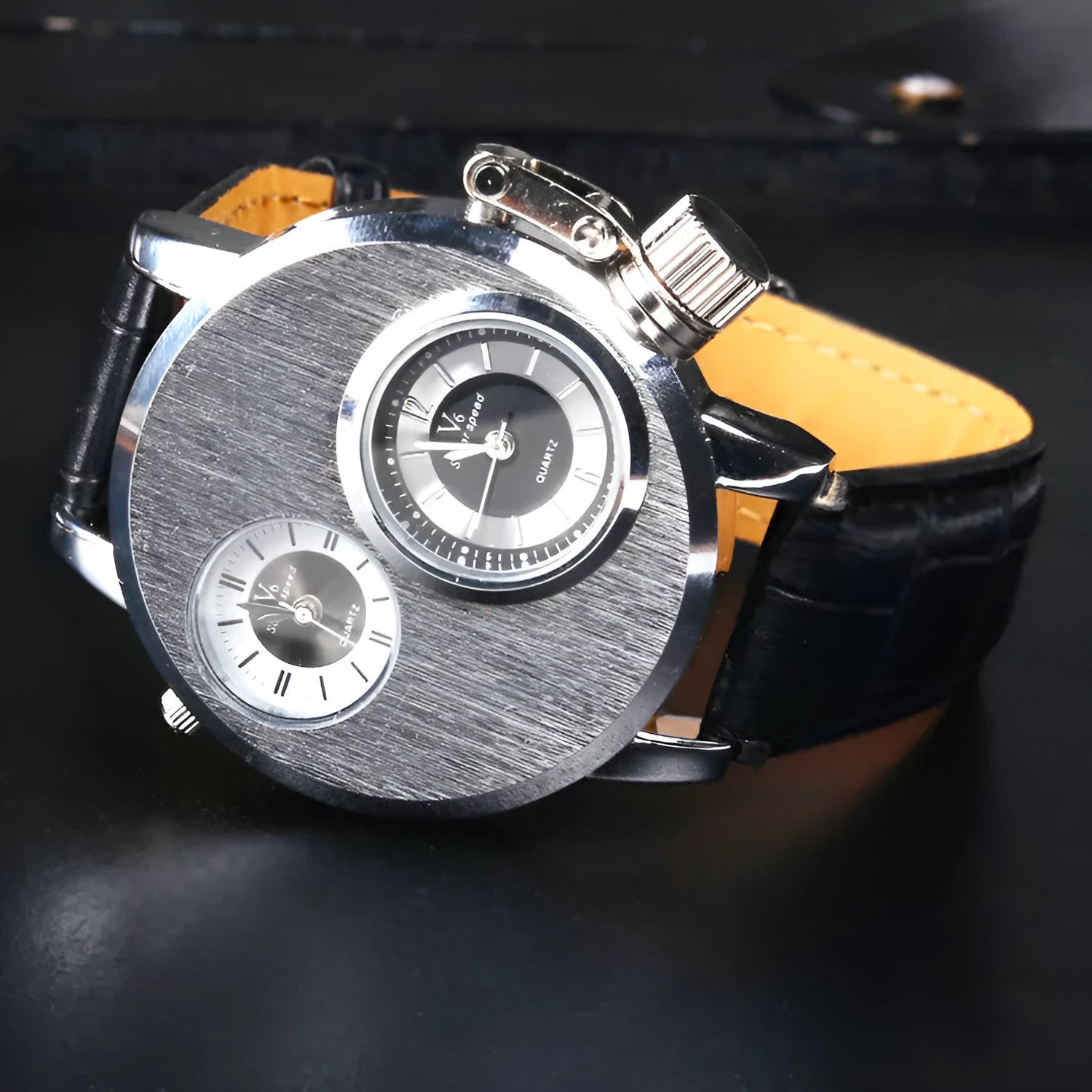 Large plate double-movement men watch with 40.5mm dial, spiral crown, and steel strap on a neutral background