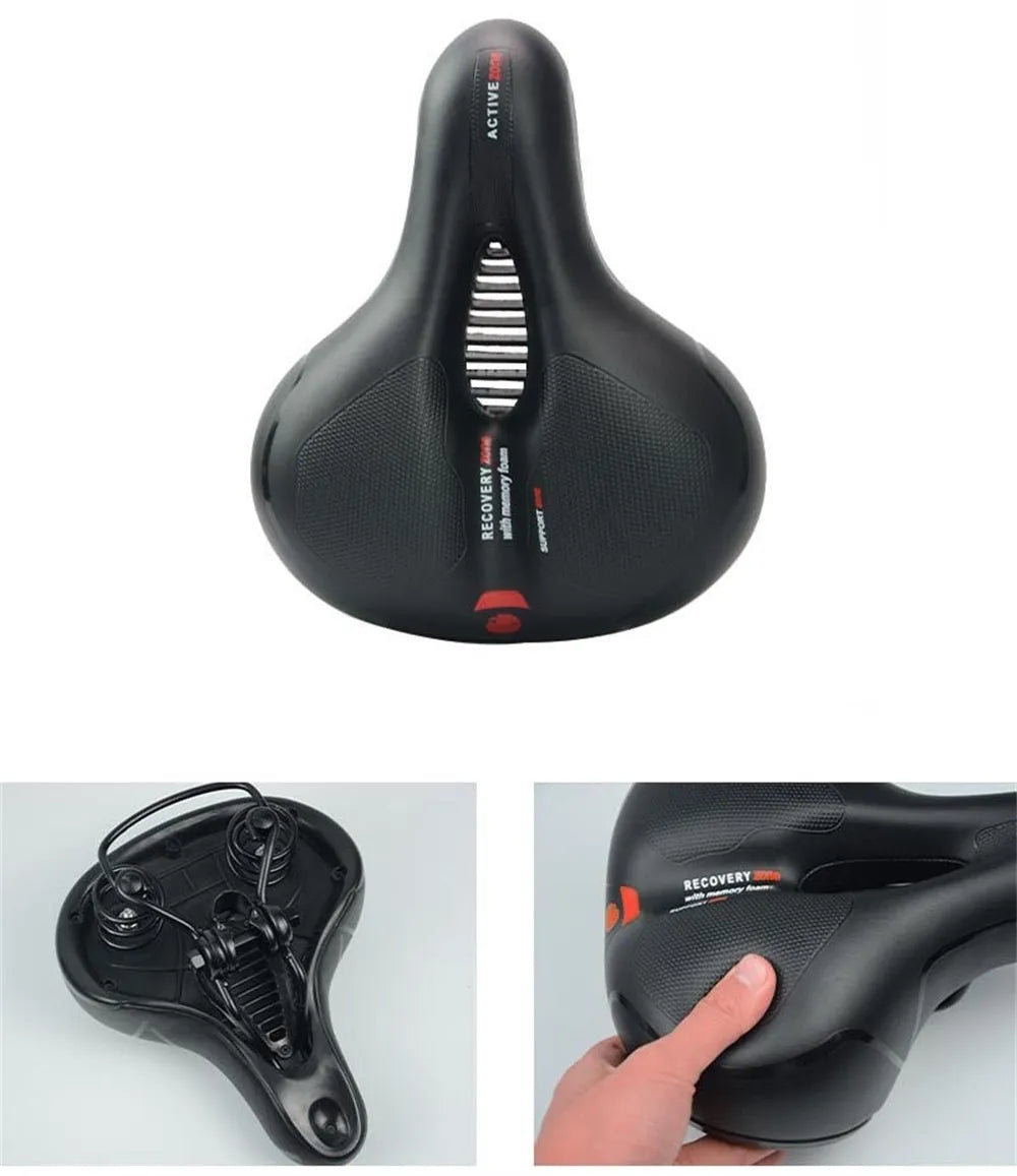 Soft silicone bicycle saddle cushion with black PU leather cover, shown with included waterproof cover, wrench, and puncture repair kit.