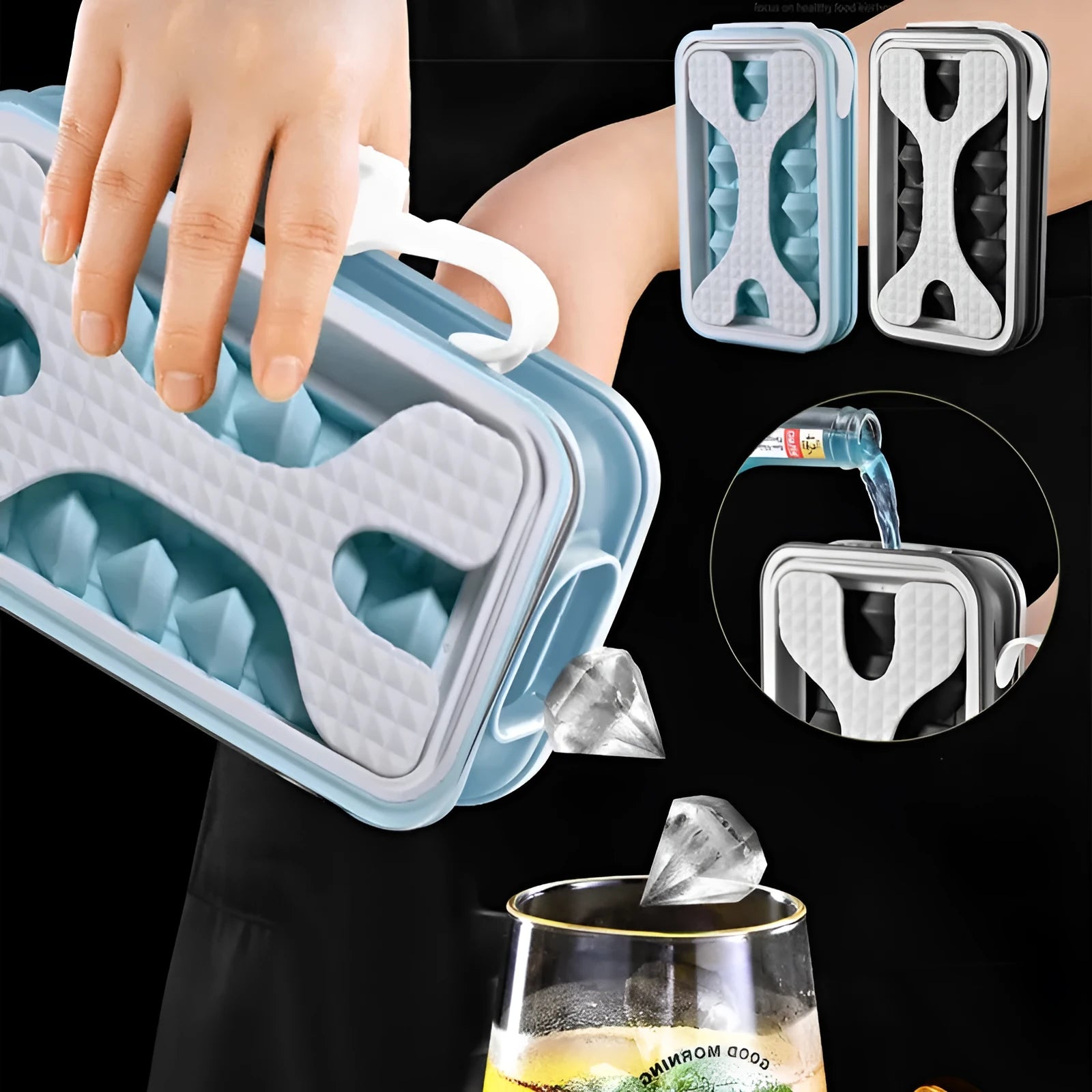 Light grey 2-in-1 silicone ice ball mould and water bottle with lid, showing portable design.