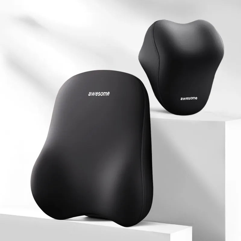 Automotive memory foam headrest and lumbar support pillows in black, gray, and beige colour options