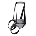 Grey neoprene dog rear leg recovery support harness shown laid flat, with adjustable straps for waist and thigh.