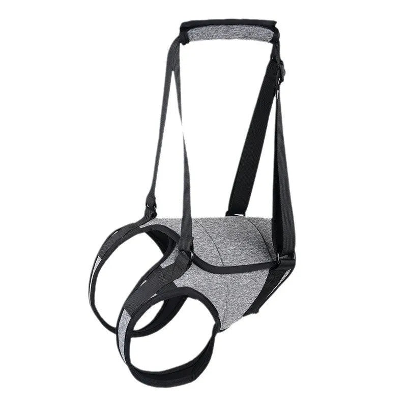 Grey neoprene dog rear leg recovery support harness shown laid flat, with adjustable straps for waist and thigh.