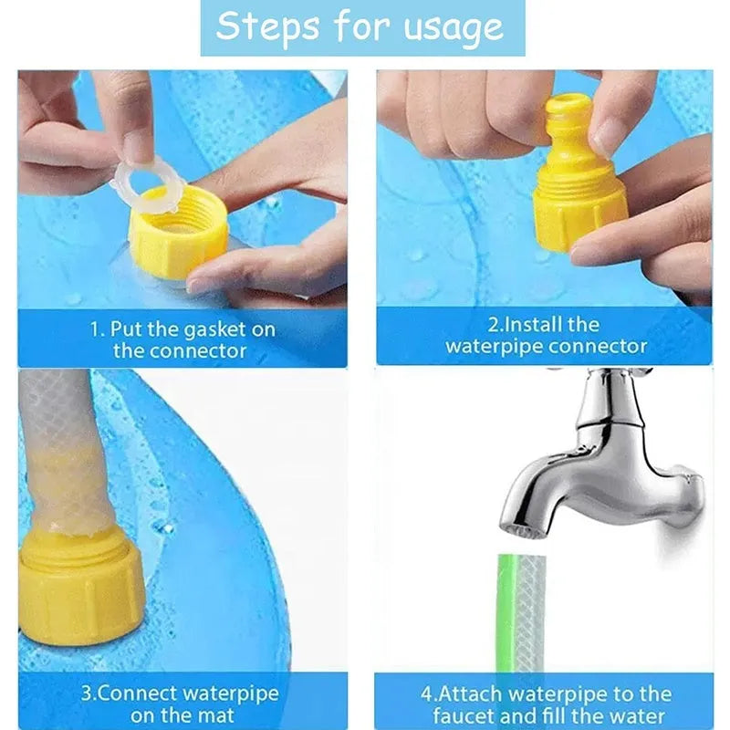 Anti-slip dog sprinkler mat showing textured surface for outdoor water play in garden setting