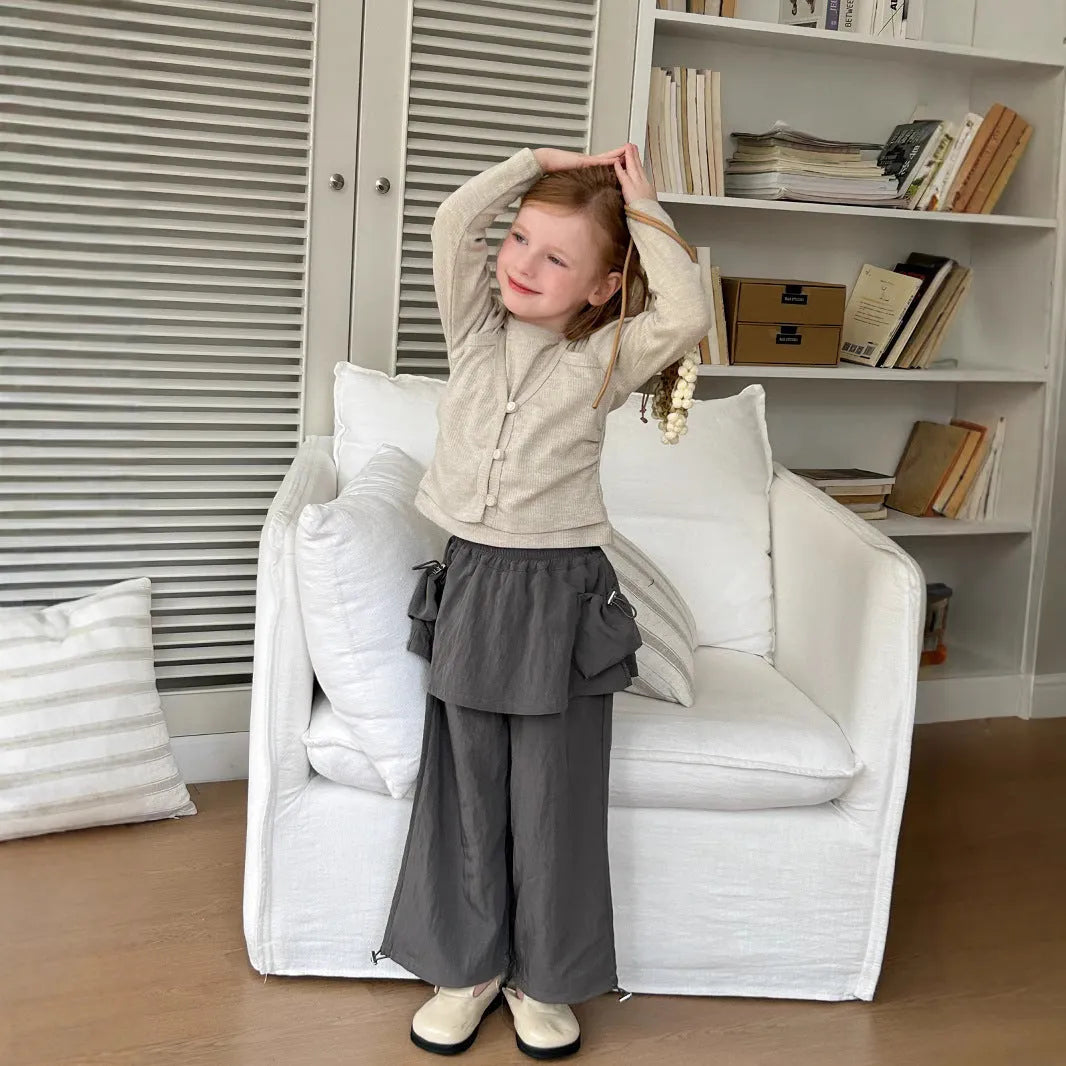 Girls' loose casual trousers with fart curtain, solid colour apricot, mid waist, chemical fibre blend, for heights 90-150cm