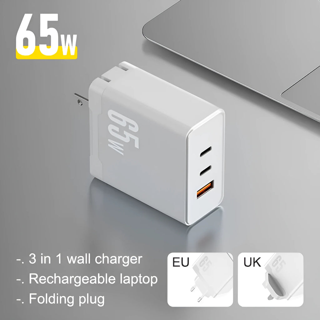 65W gallium nitride GaN multi-port charger in black with two USB-C and one USB-A output ports
