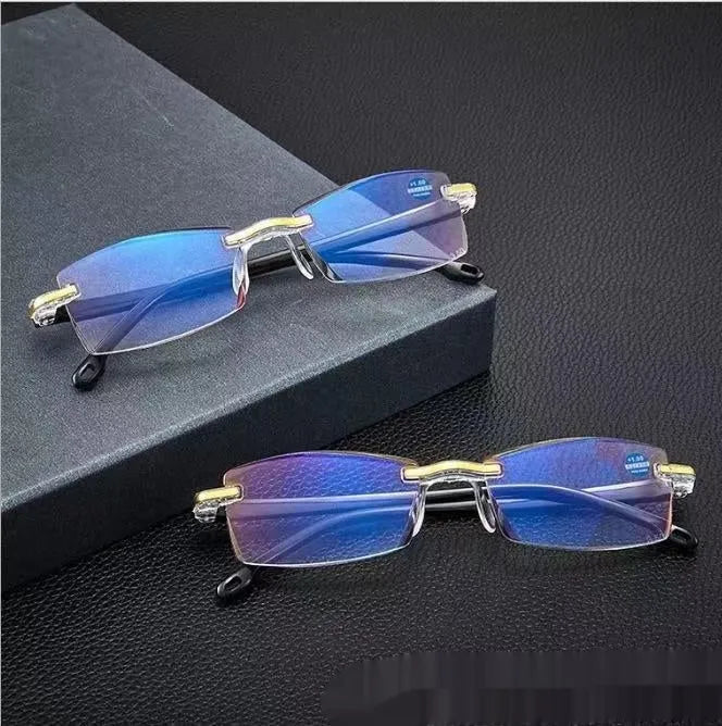 Frameless anti-blue light presbyopic glasses for elderly with diamond trimming, black frame transparent lens option