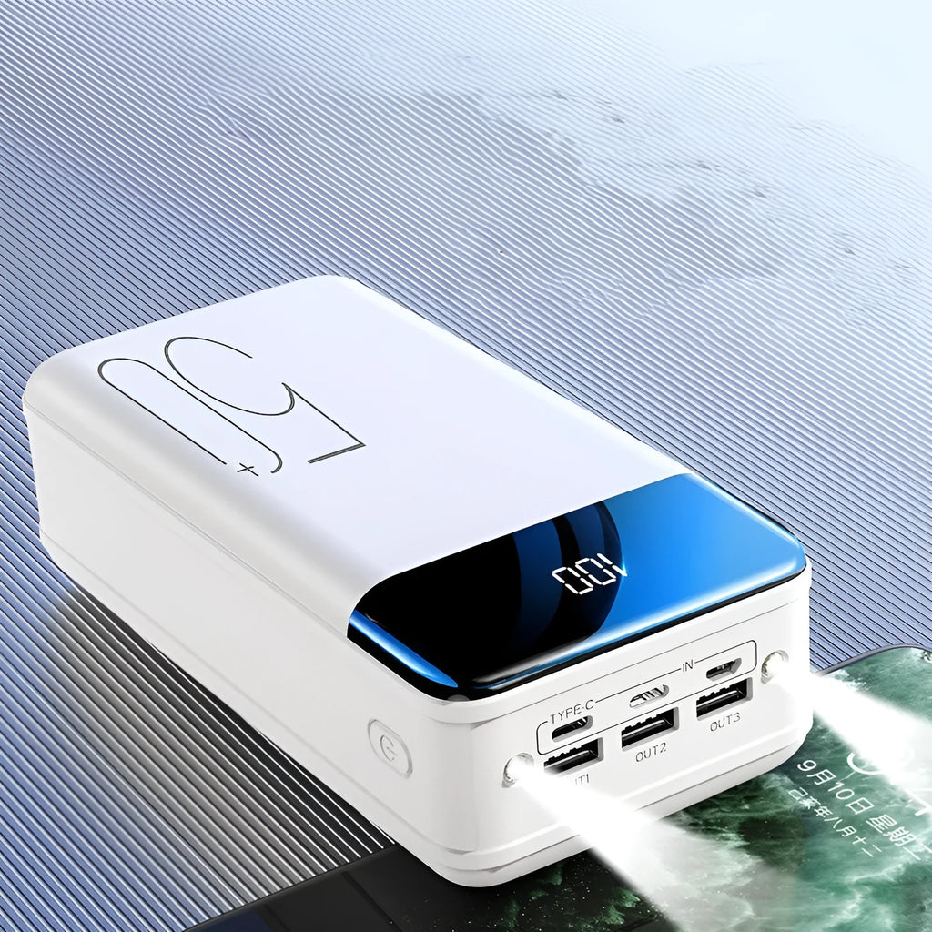 Black large capacity 50000mah portable power bank showing three output USB ports and three input charging ports on side