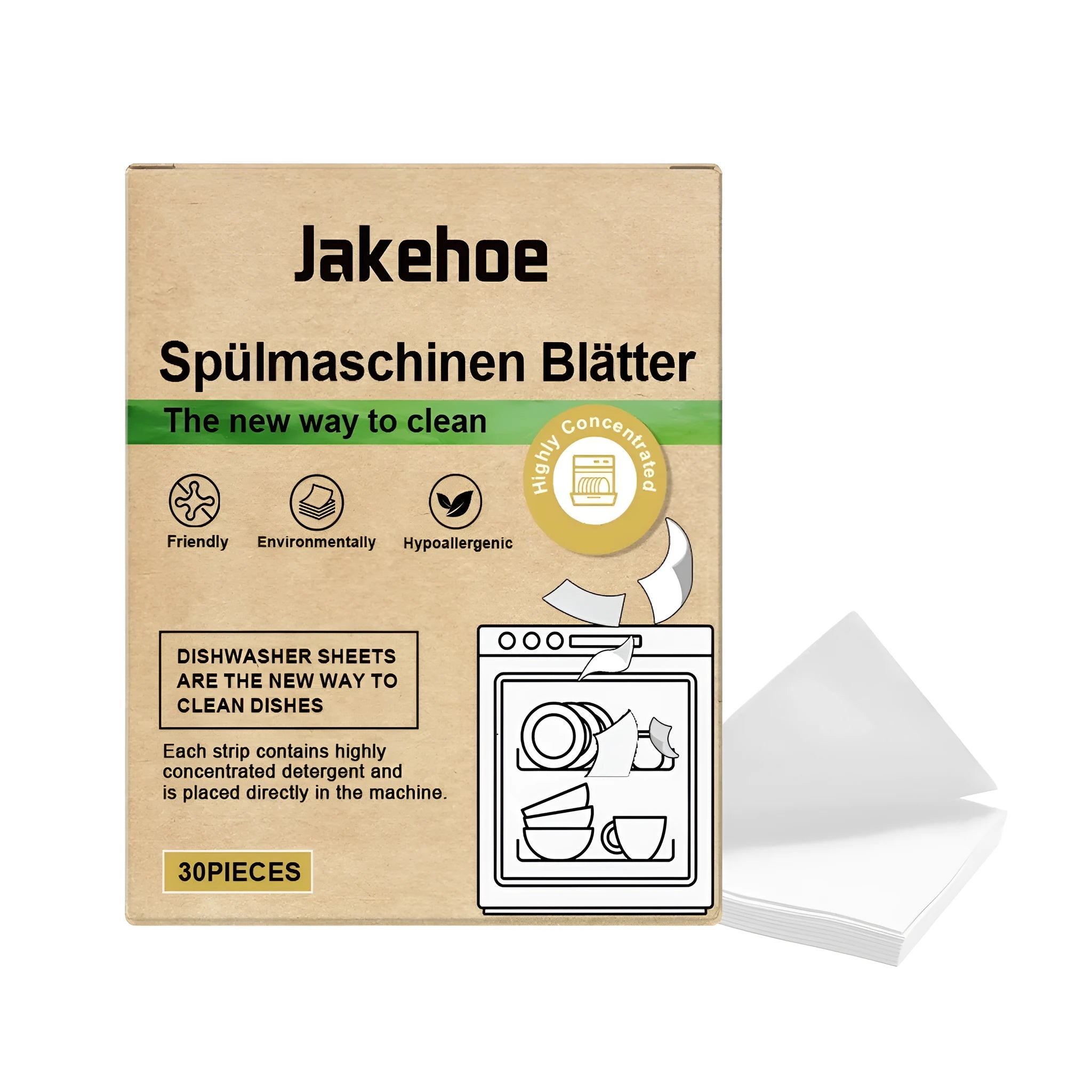 30 individually wrapped dishwasher cleaning sheets with ingredients including sodium bicarbonate and citric acid