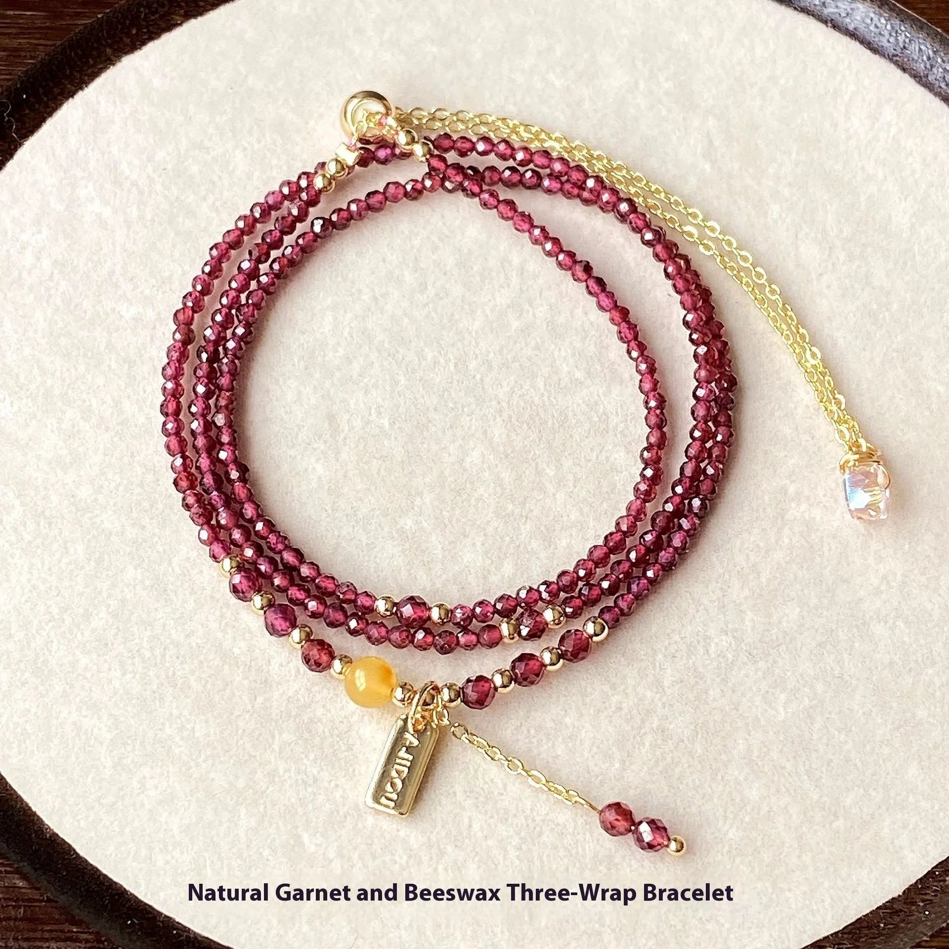 Wine red garnet bracelet necklace with three-circle design and beeswax cut surface texture
