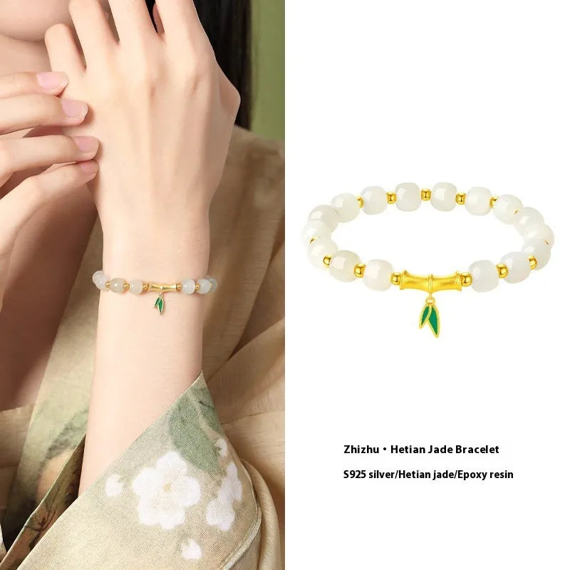 S925 sterling silver bracelet with 6mm natural Hetian jade beads and bamboo leaf design elements