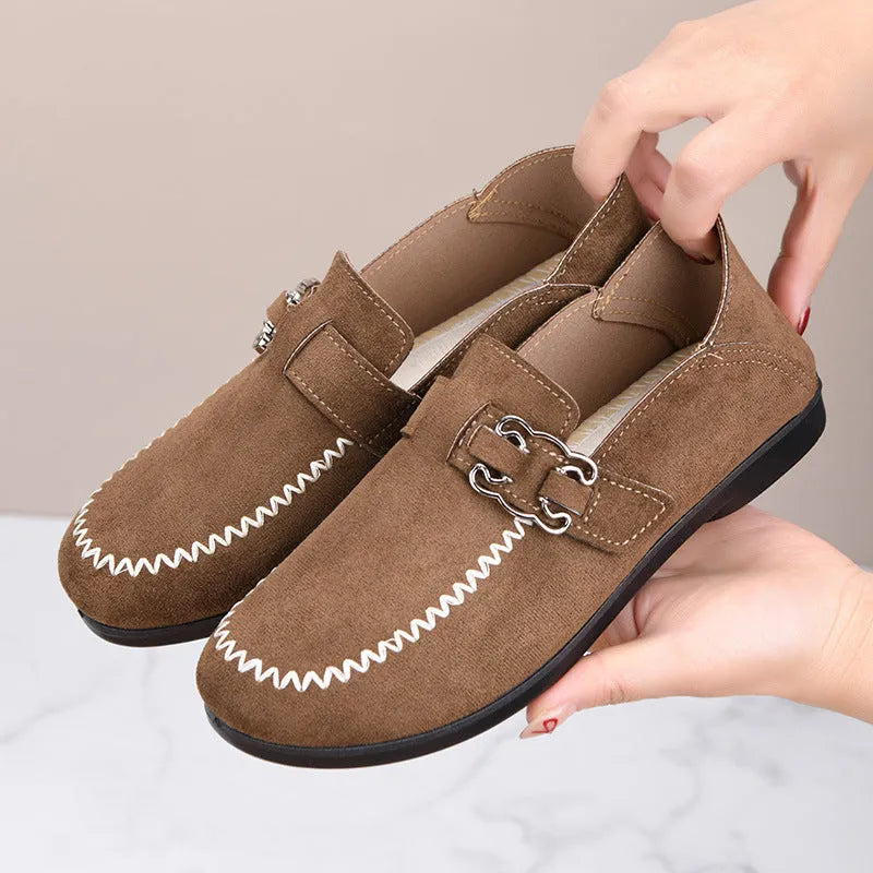 Soft bottom slip-on pumps for women breathable flat heel walking shoes L77 Brown colour