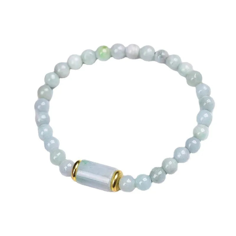 Natural Myanmar jade bracelet with round emerald ice jade beads in ethnic geometric design