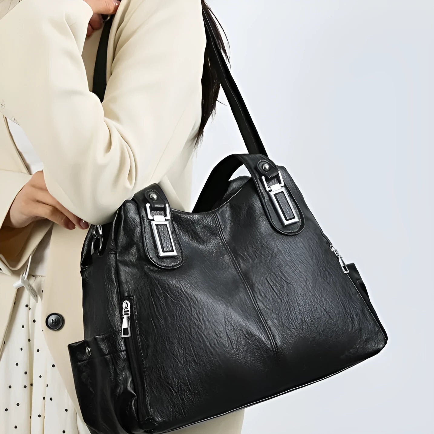 Soft square women's tote bag in various colours with a single shoulder strap and zip pocket inside.