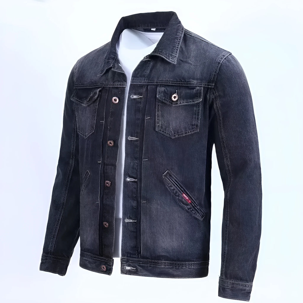 Korean slim fit denim workwear jacket in black gray with conventional sleeves and straight hem