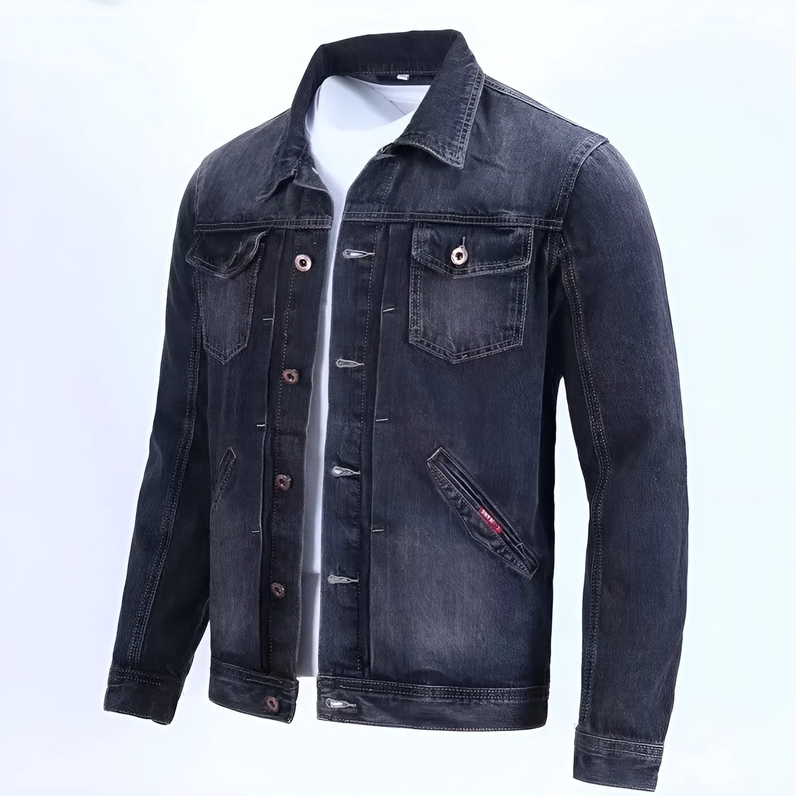 Korean slim fit denim workwear jacket in black gray with conventional sleeves and straight hem