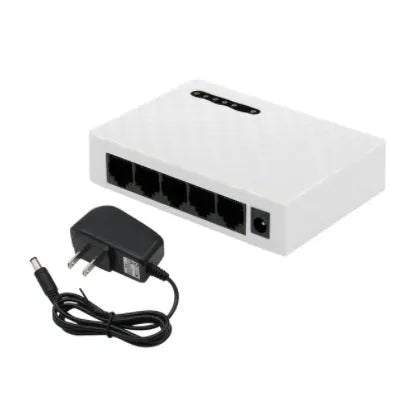 5-port Gigabit Ethernet switch in black with LED lights and RJ45 ports on front panel