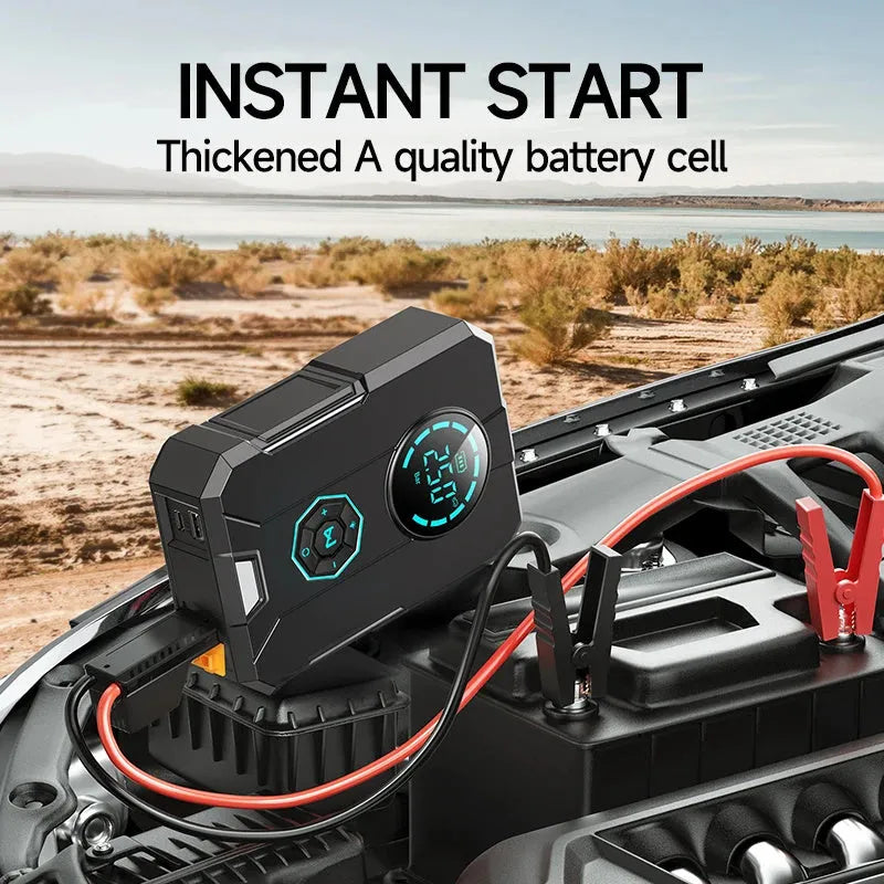 Portable wireless car tyre inflator with digital pressure gauge and LED light on ABS plastic body.