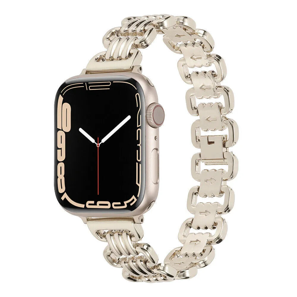 Silver alloy metal bracelet strap for Apple Watch on a grey background.