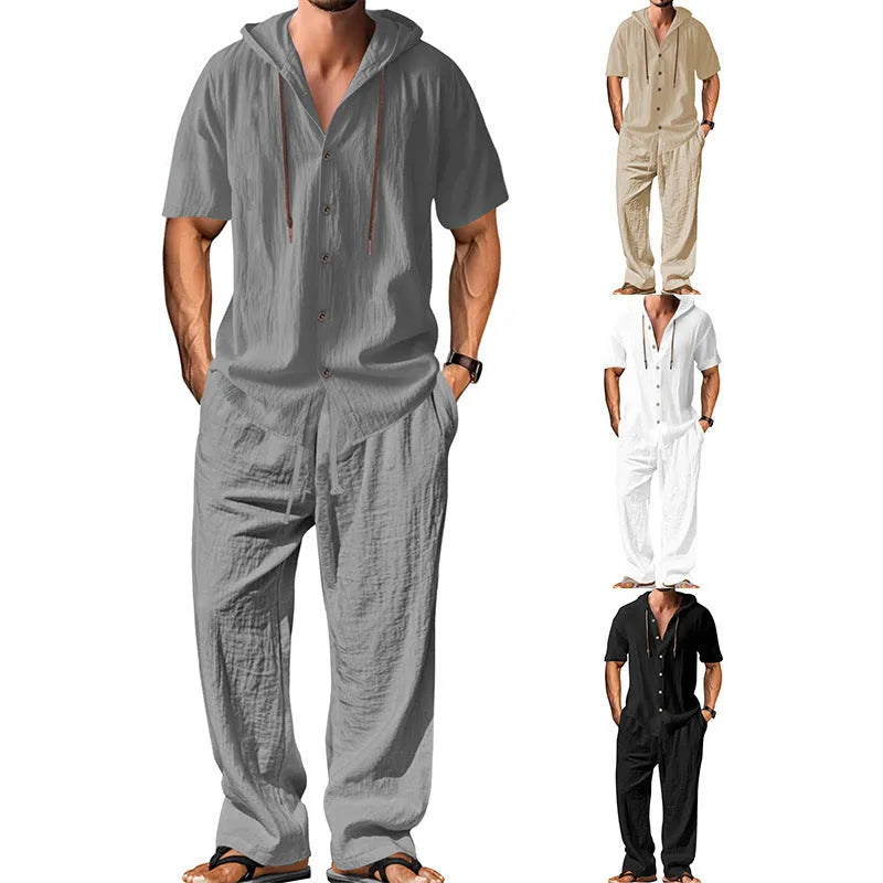 Men's grey cotton casual sports suit showing long sleeve top and trousers laid flat.