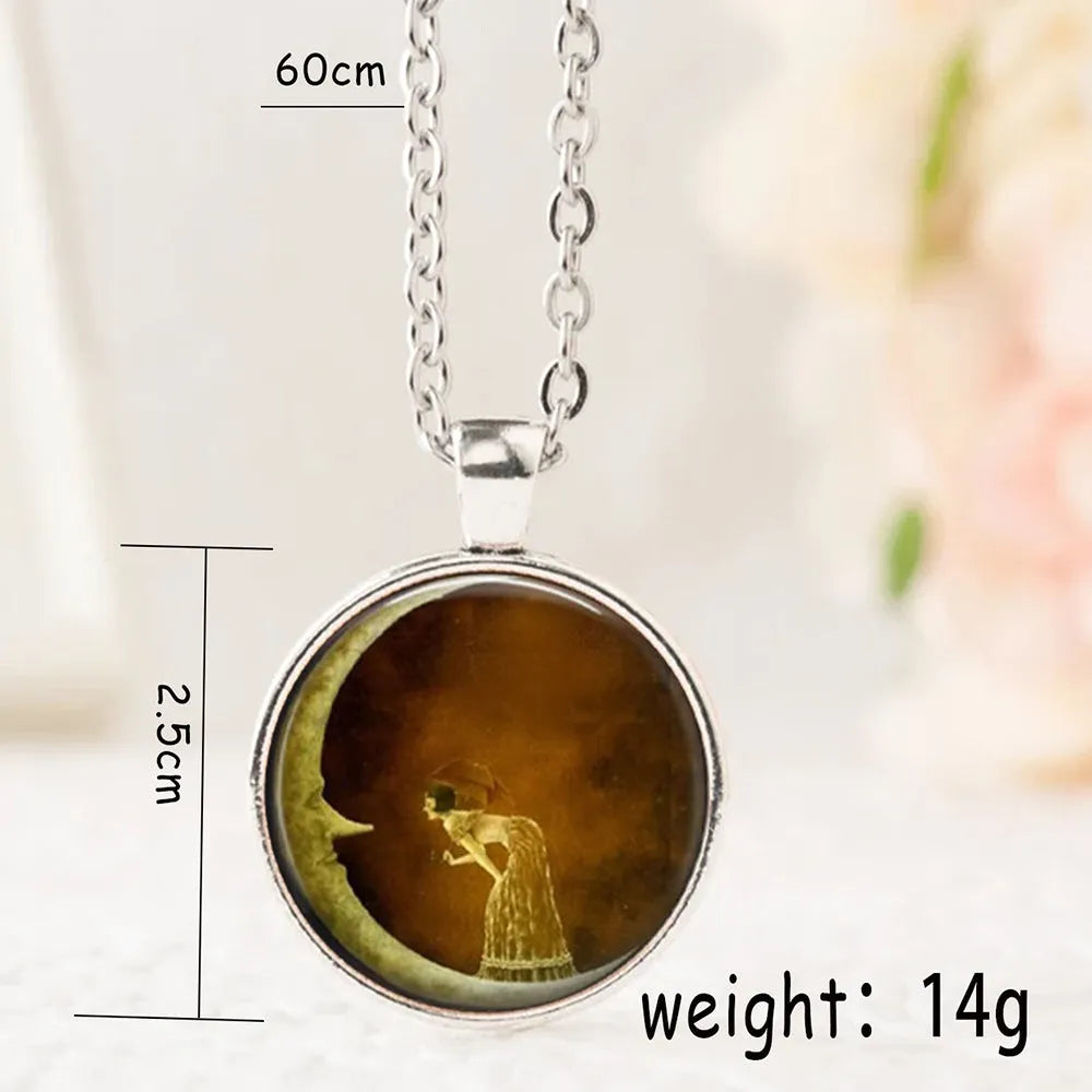 Retro moon-shaped organic glass pendant necklace on adjustable alloy cross chain in bronze finish