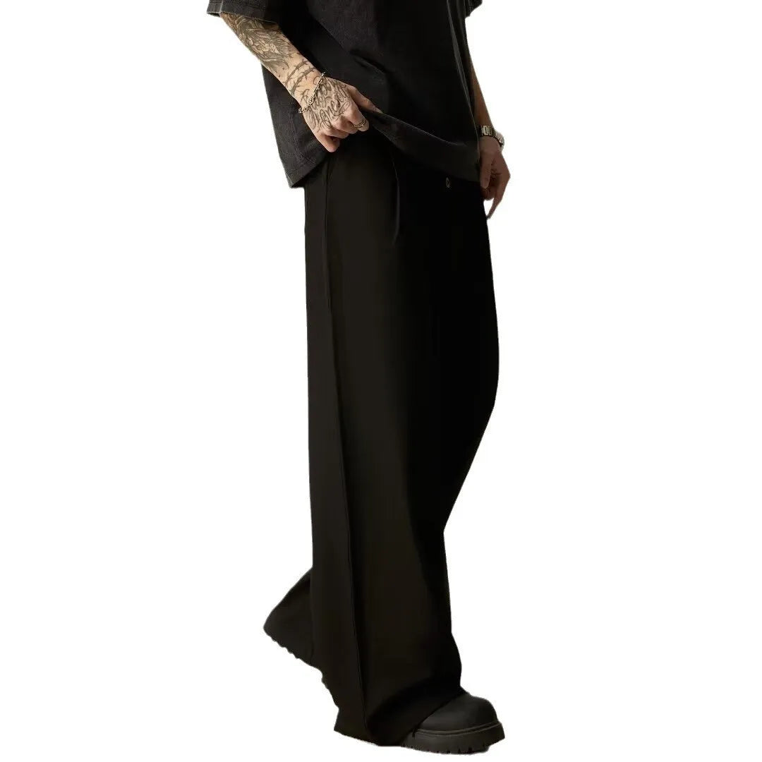 Men's solid colour vertical tube wide-leg casual trousers in black or brown with a mid waist