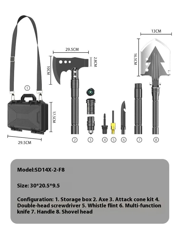 Black multi functional military shovel set with axe and survival tools, 80cm length