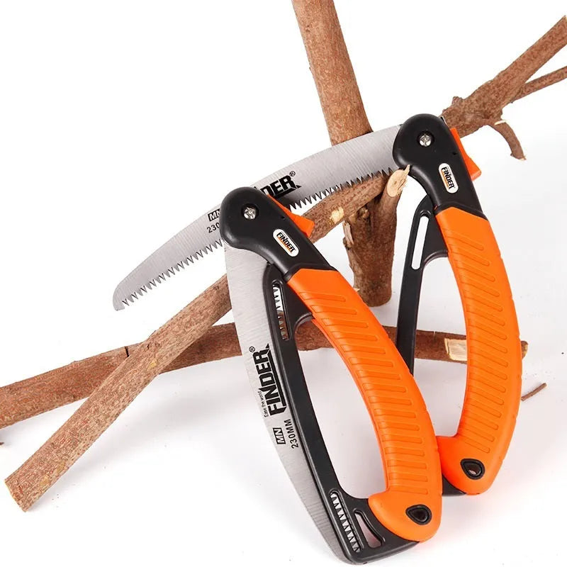 A folded and an unfolded view of a silver 230mm garden pruning saw with a black TPR grip handle.