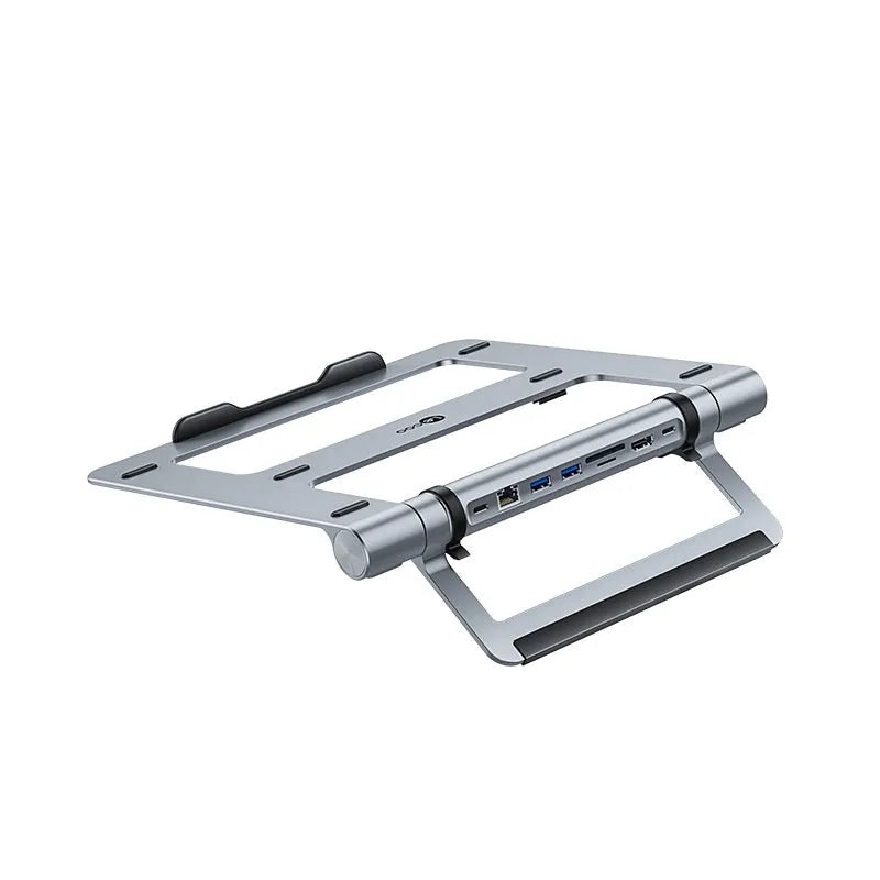 Aluminum alloy notebook docking station with bracket stand, showing USB 3.0 ports, USB-C PD port, and a 0.4m cable.