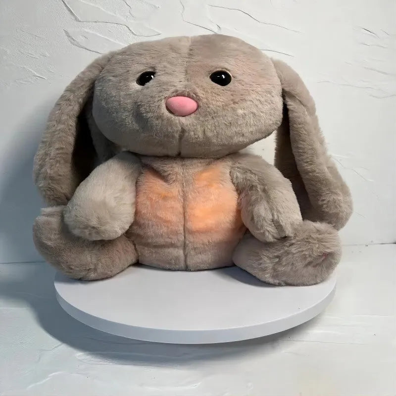 Breathing rabbit plush toy with moving belly, music functions, and soft fabrics for infant comfort