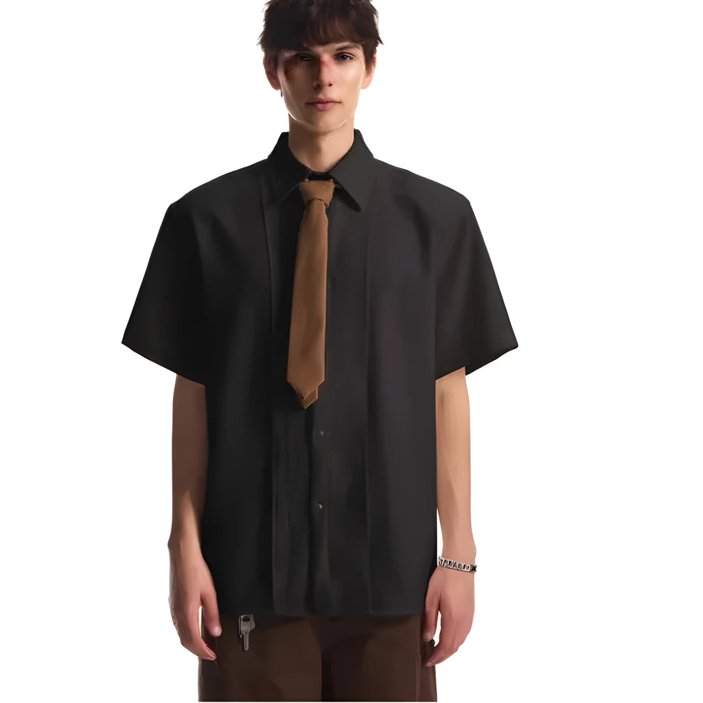 Detachable Padded Shoulder Lapel Short Sleeve Shirt for Men and Women, Loose Fit Minimalist Style, Polyester Blend with Non-Ironing Treatment, Available in Black and White Sizes M to 2XL