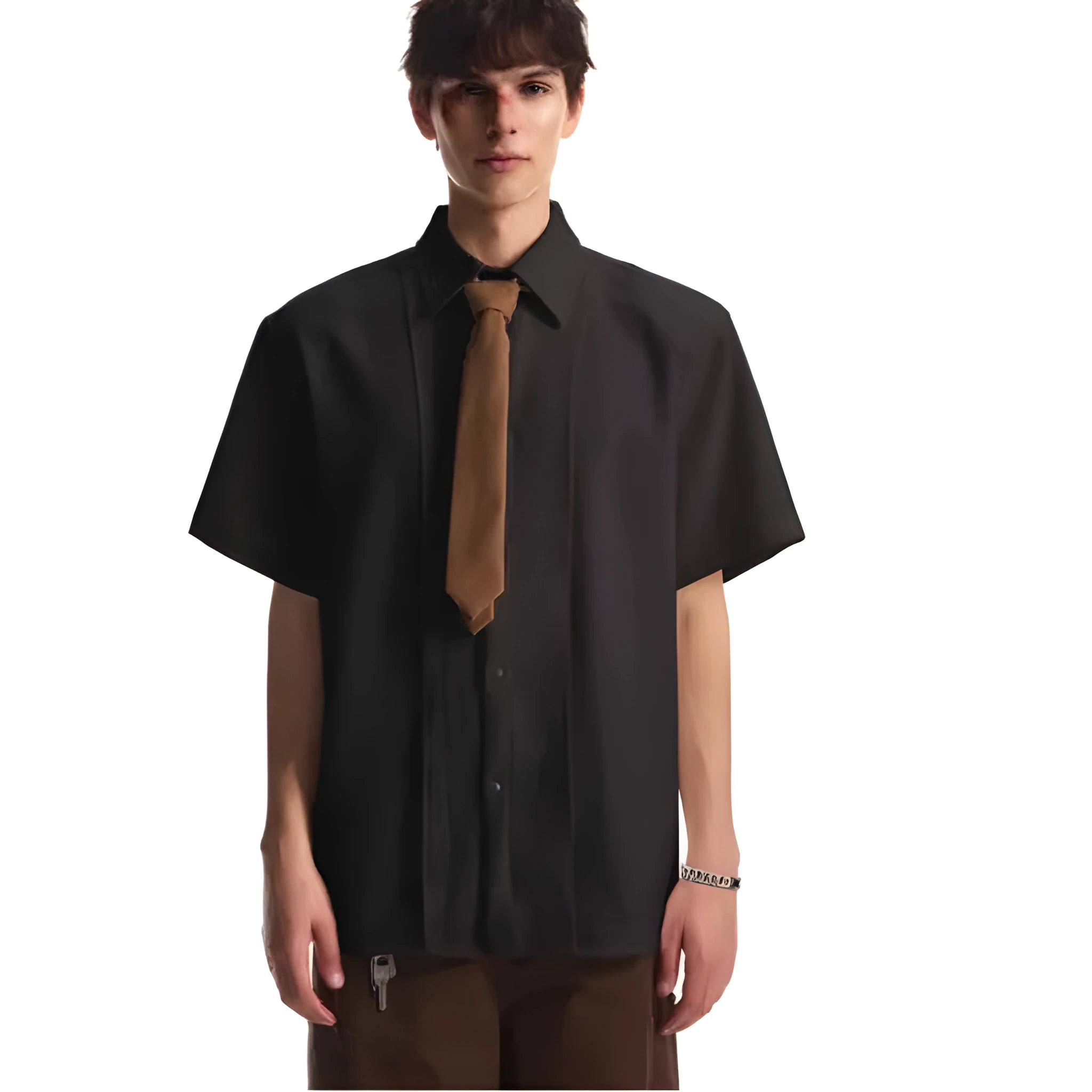 Detachable Padded Shoulder Lapel Short Sleeve Shirt for Men and Women, Loose Fit Minimalist Style, Polyester Blend with Non-Ironing Treatment, Available in Black and White Sizes M to 2XL