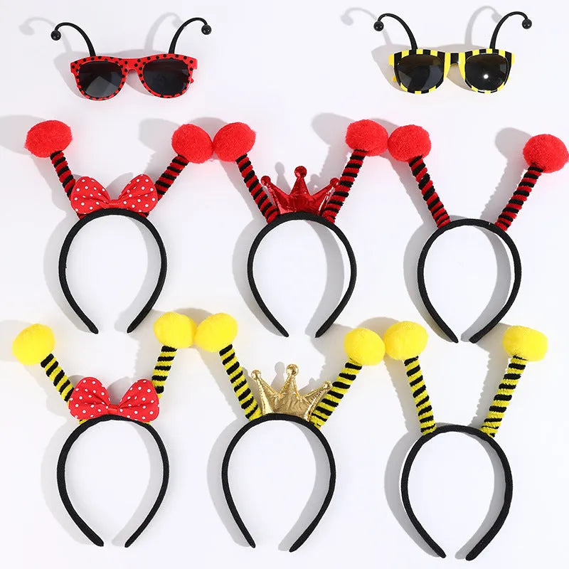 Yellow children's bee costume headband and matching bug-eye glasses for fancy dress parties.