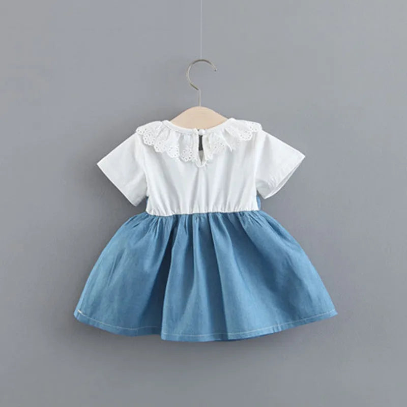 Summer solid blue cotton princess dress for girls with rabbit ears and denim fake two-piece design