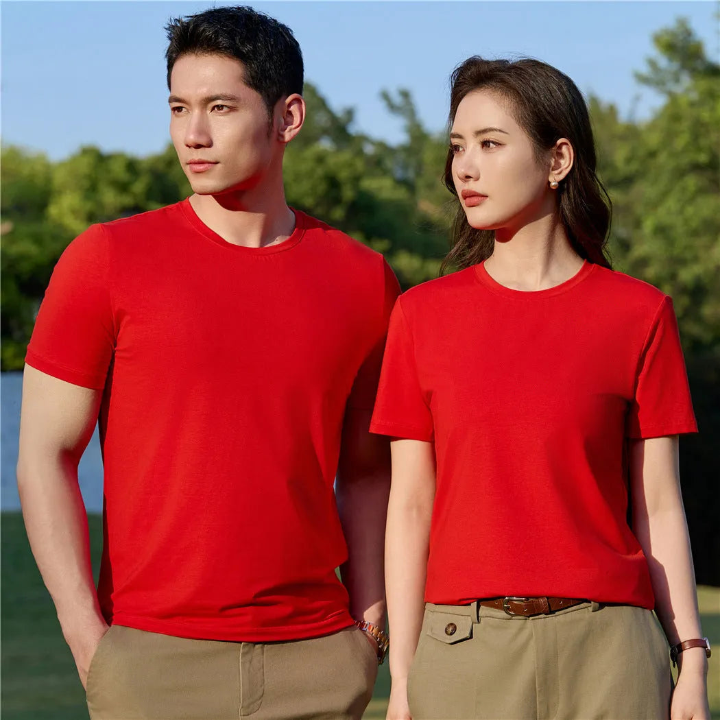 Mercerised modal short sleeve T-shirt in grey green colour on a hanger, showing round neck and plain weave fabric.