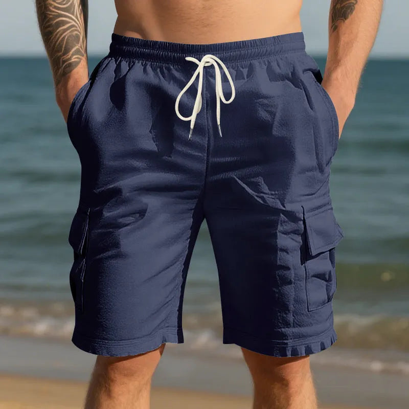 Men's cotton linen casual shorts with multiple pockets in loose straight-leg design