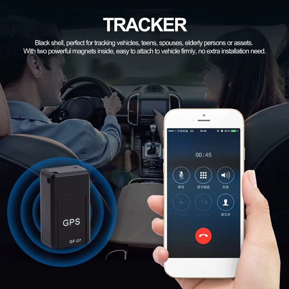 Small black magnetic GPS tracker device with USB cable for real-time vehicle and asset tracking.