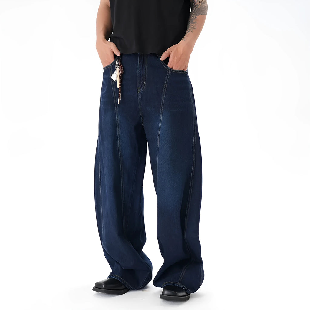 Women's washed distressed dark blue wide leg machete jeans on hanger