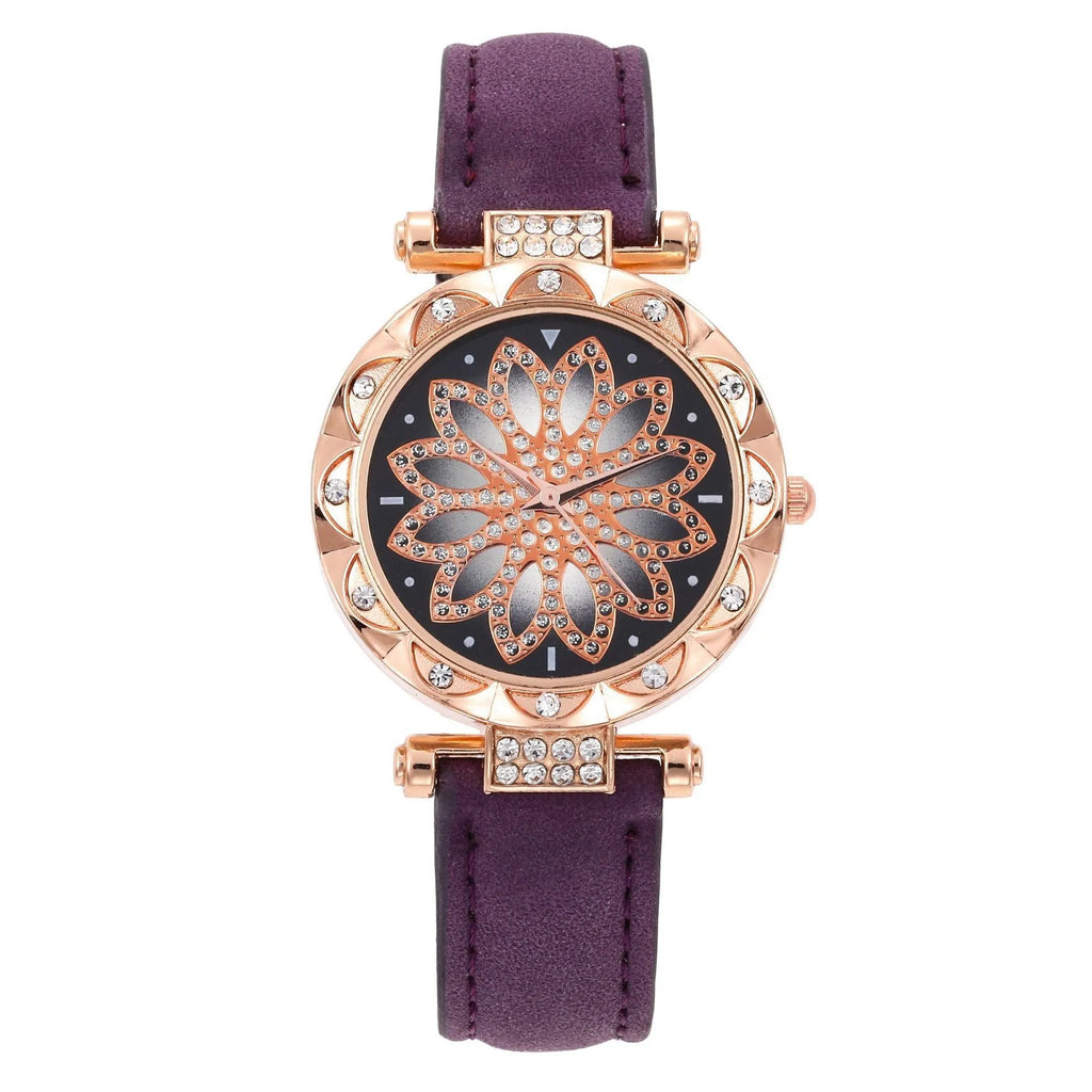 Women's quartz watch bracelet set with faux leather strap, round dial, and matching necklace ring earrings
