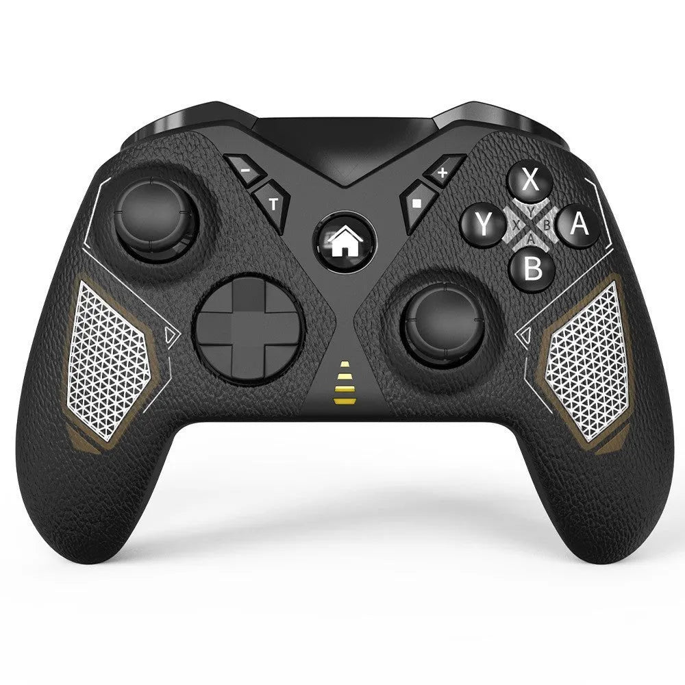 Black wireless game controller with textured leather-grip pattern on handles, shown front and back.