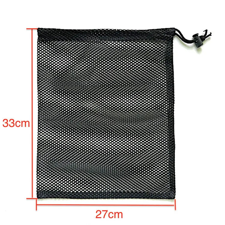 Black mesh drawstring storage bag for children's water ball toys, shown in three size options.